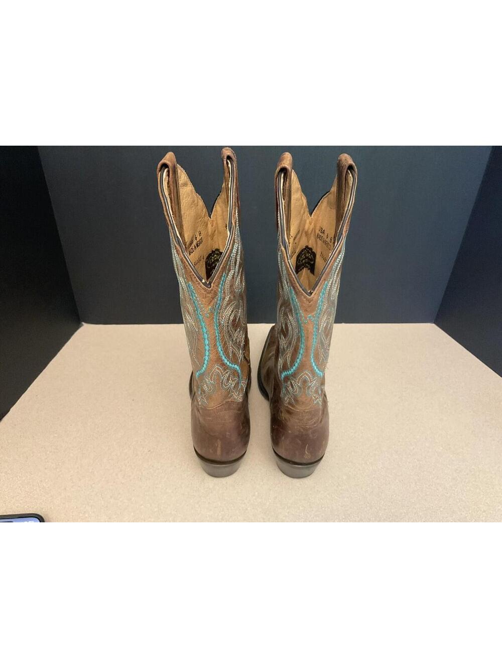 Womens JB Dillon Brown Leather Cowboy Boots W/ Turquoise Embroidery. Size 6B. - Picture 10 of 11